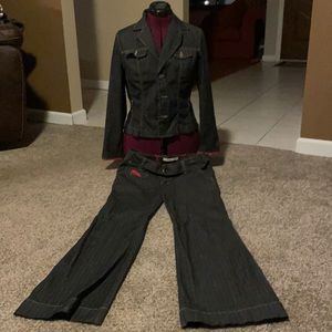 Tommy Hilfiger black pinstriped denim jacket and jean pants